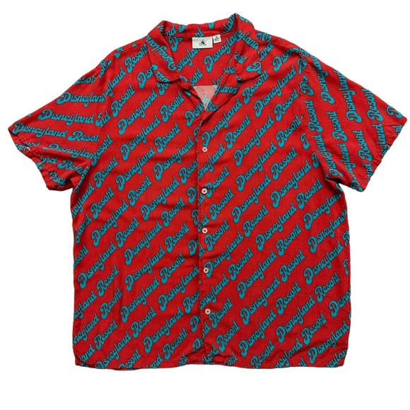 Disney Shirt Mens XL Short Sleeve Hawaiian Disneyland Resort Rayon Stretch Red - Picture 1 of 6